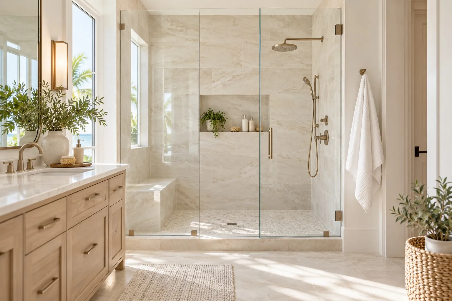 Spotless frameless glass shower with pale stone tile and brushed brass fixtures