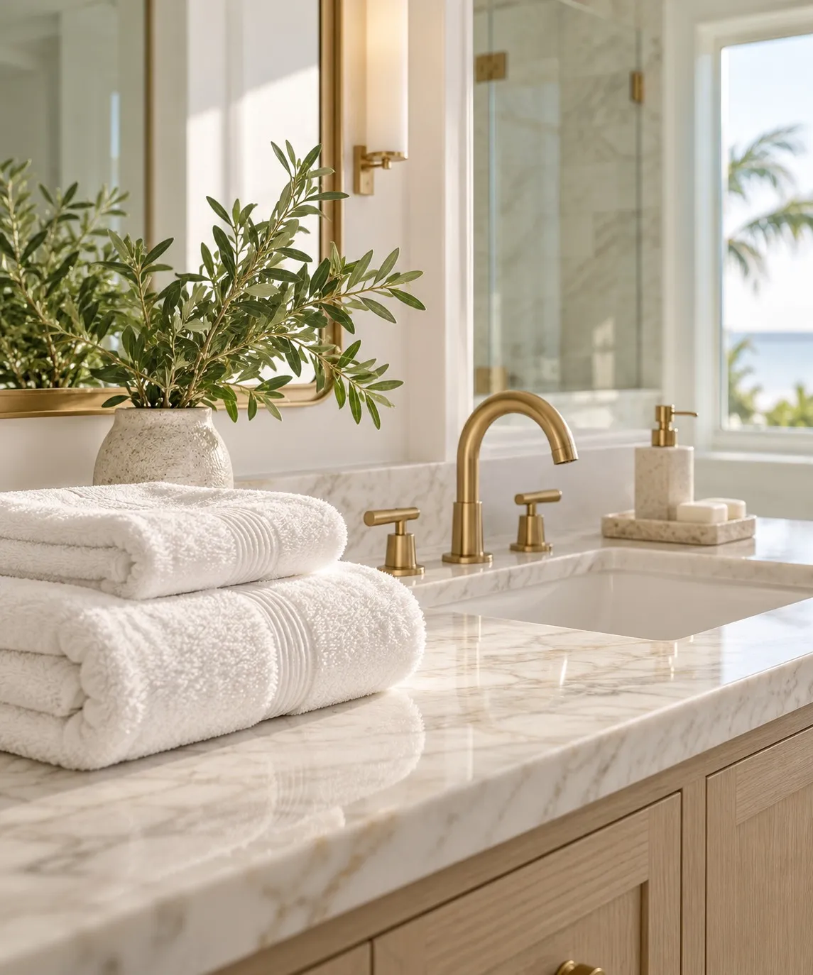Neatly folded white towels on a polished marble vanity beside a brushed brass faucet