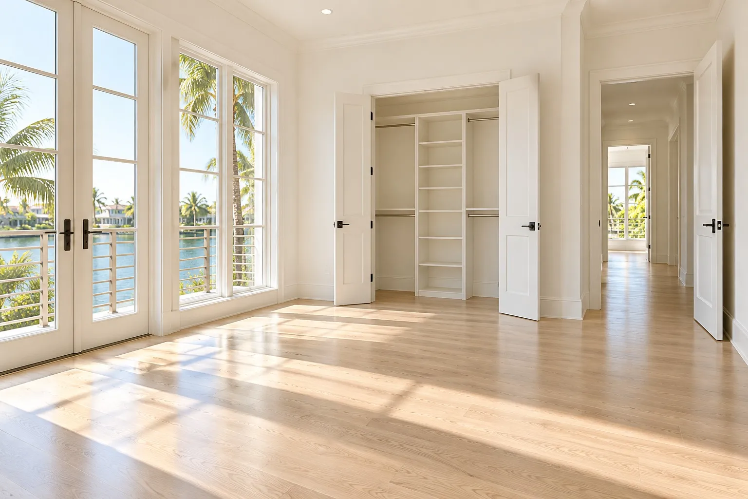 Empty sunlit bedroom with freshly cleaned light wood floors and an open, empty closet