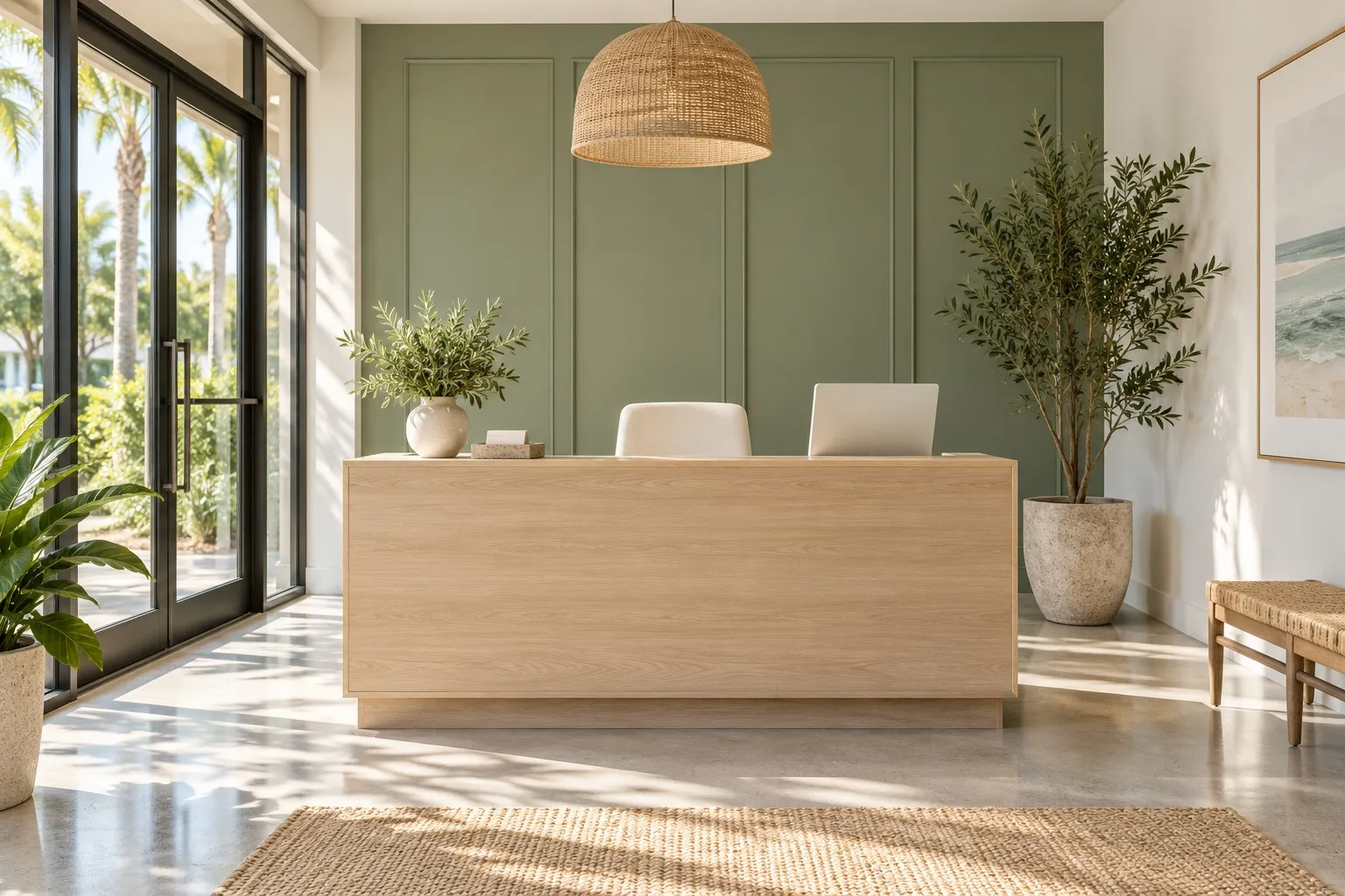 Tidy office reception with light oak desk, sage wall panels and polished floor